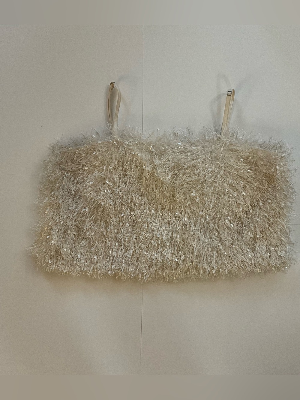 Cream Shaggy Tinsel Sequin Cami Crop Top Sparkly Holiday Festival XL